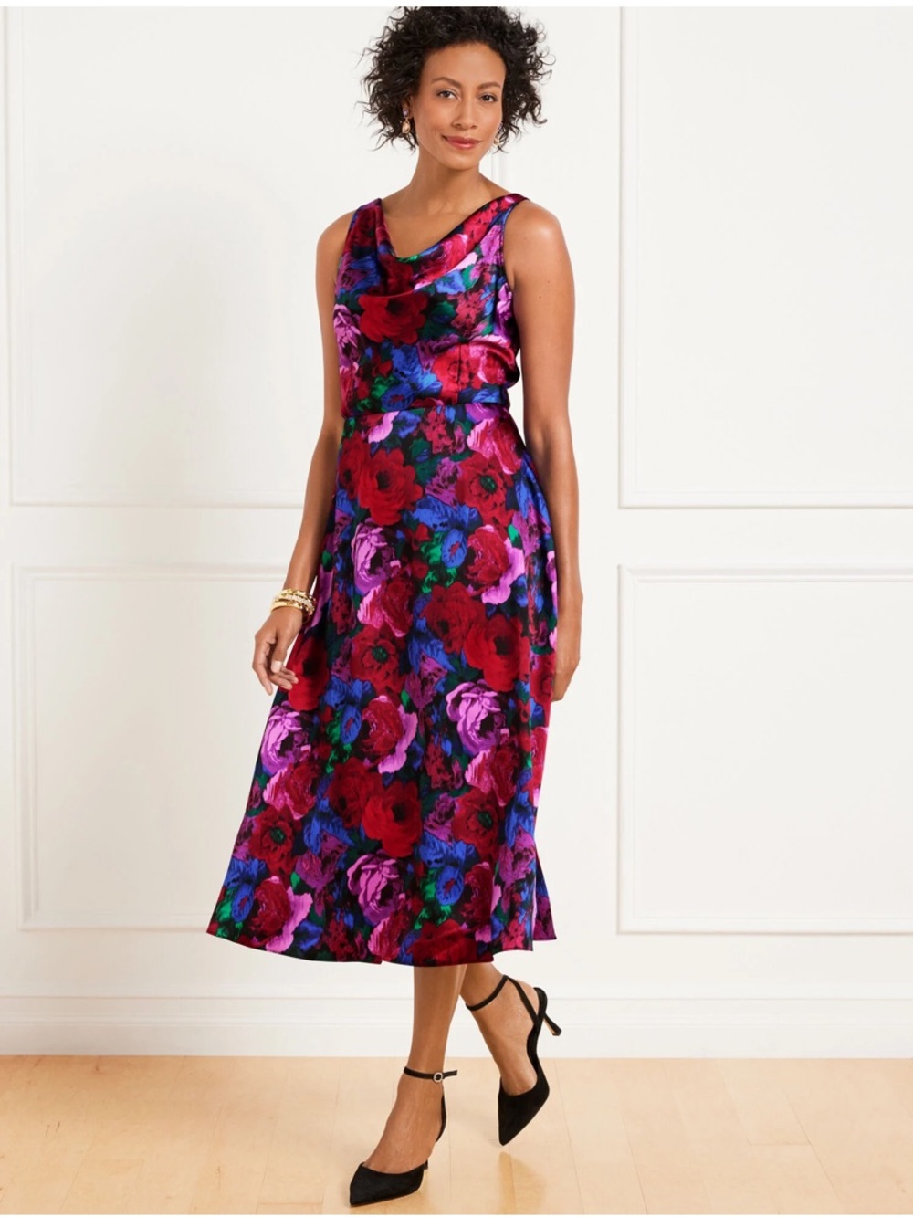 Talbots Dress Womens Sz 8 Satin Cowl Neck Wrapped Floral Feminine Wedding Guest
